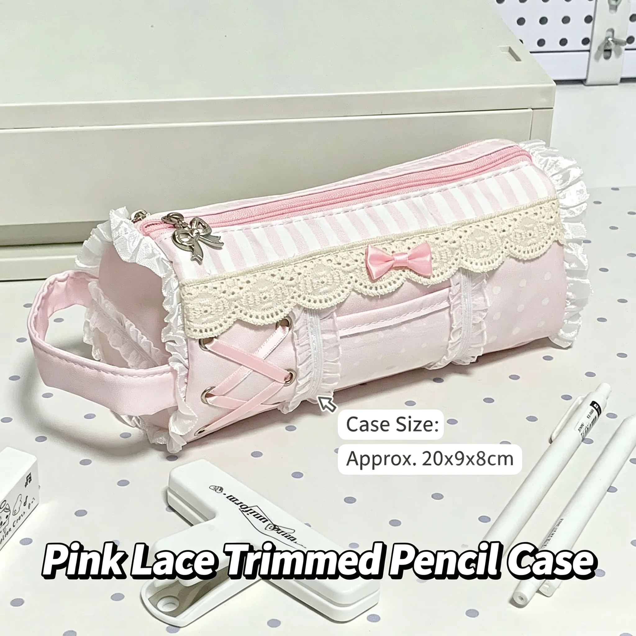 Estojo de Lápis Rosa Fofo com Renda para Meninas, Grande Capacidade, Organizador de Mesa, Bolsa de Papelaria, Estojo de Maquiagem Fofo para Meninas, Presente