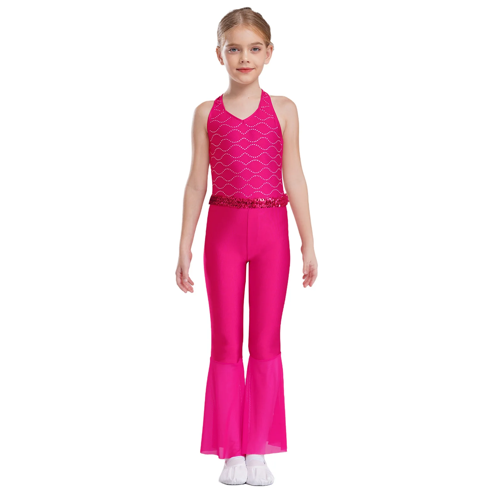 

Kids Girls Lattin Dancewear Full Body Leotard Shiny Rhinestones Dance Practice Jumpsuit Sheer Mesh Bell-Bottom Halter Bodysuit