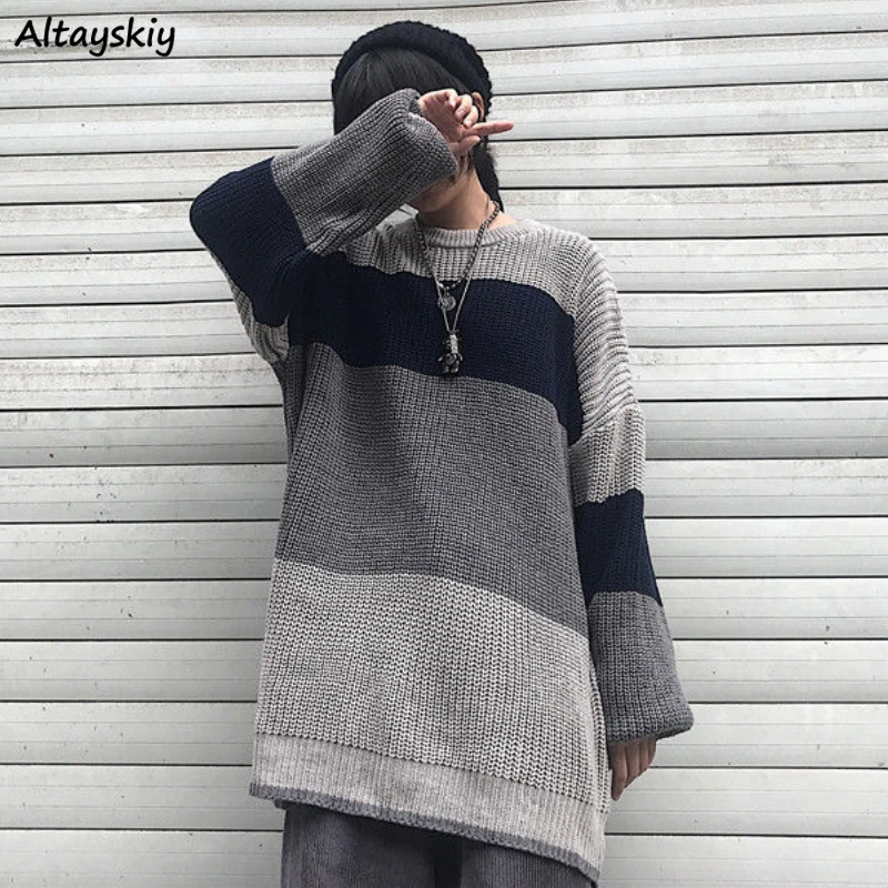 

Unisex Sweaters Women Vintage Gray Stripes Knitted Pullovers Harajuku Autumn Simple Streetwear Casual Ulzzang Schoolgirls Chic