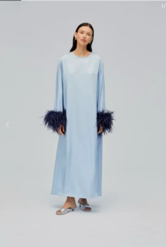 OLOEY Elegant Sky Blue ชุดราตรีอย่างเป็นทางการตรงผู้หญิงขนแขนยาวชุดราตรีโอกาสพิเศษที่กําหนดเอง