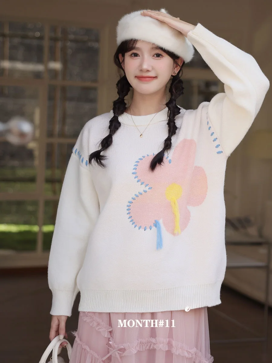 

Ailie Thiened Autumn Winter Knitted Sweater Women's round Ne Overhead Warm Fluffy Long Sve ort Length Color