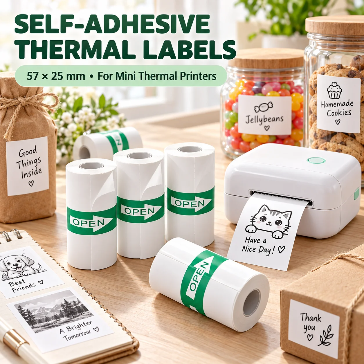 57x25mm Thermal Paper Sticker Roll Strong Adhesive Compatible for Mini Pocket Printer Photo Note Office List Tag