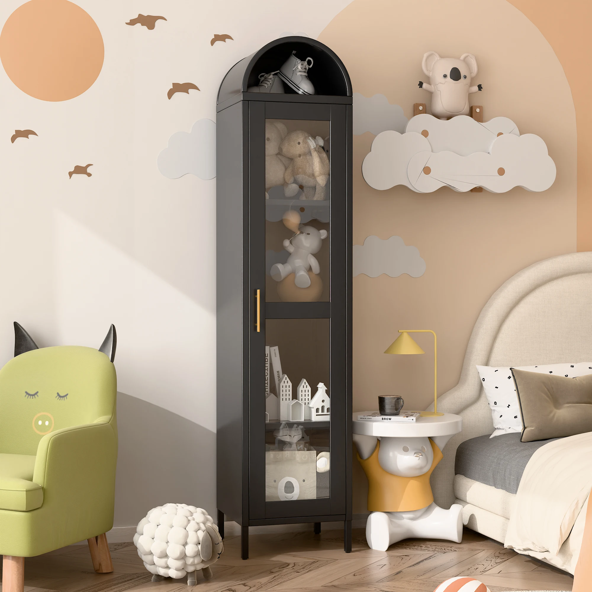 72.8'' Tall Modern Freestanding Arched Display Cabinet, Arch Bookcase with 1 Glass Door/Shelves, Kitchen Pantry for Dining Room,