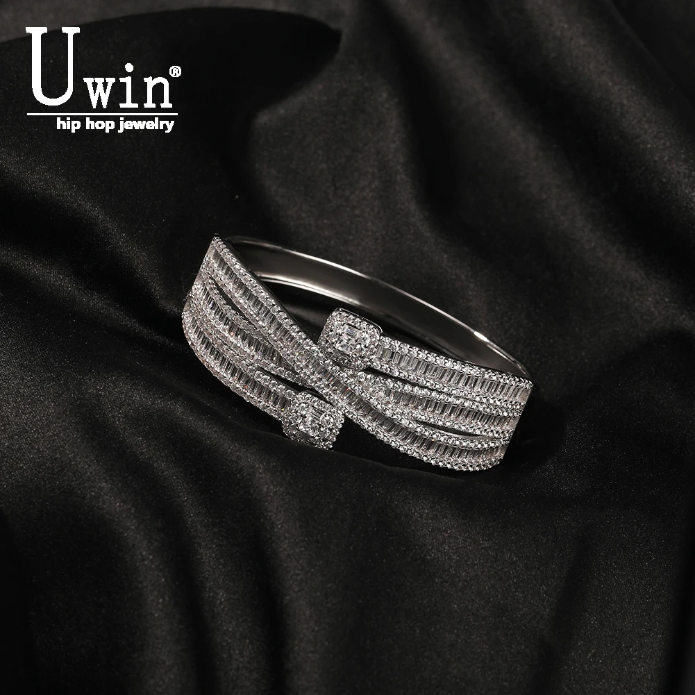 

UWIN Full-Size Adjustable Baguette Cuff Bracelet Full Iced Out Cubic Zirconium Bangle For Women Charm Fashion Hip Hop Jewerly