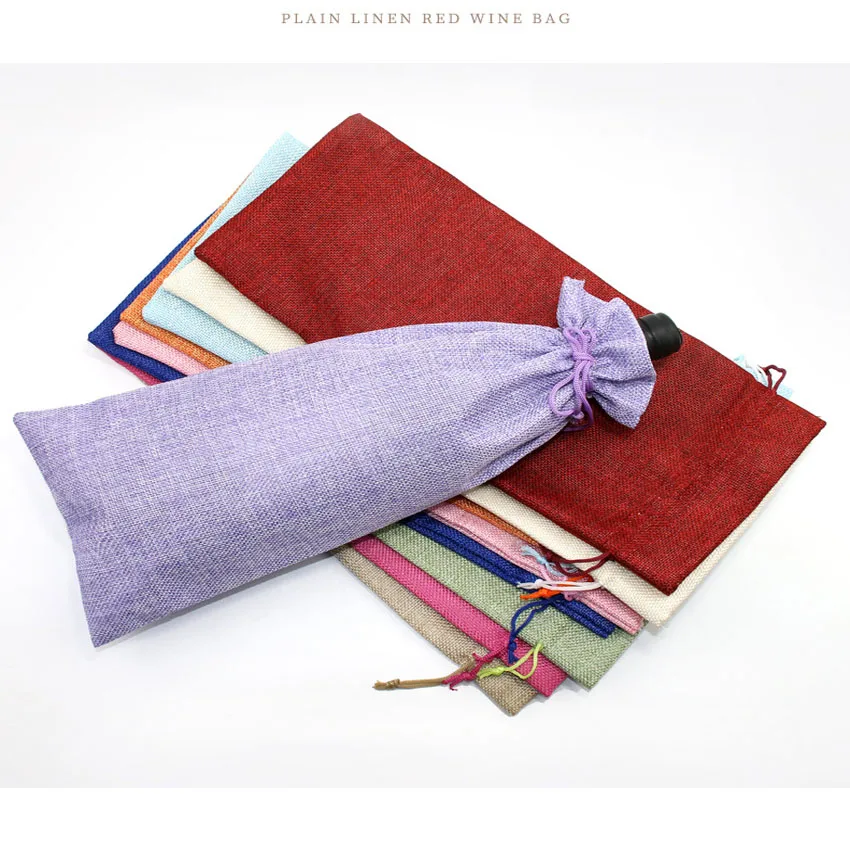 

20pcs/lot 16*36cm Linen Burlap Drawstring Wine Bag Eco Reusable Bottle Pouch Christmas Housewarming Best Gift Customised Logo