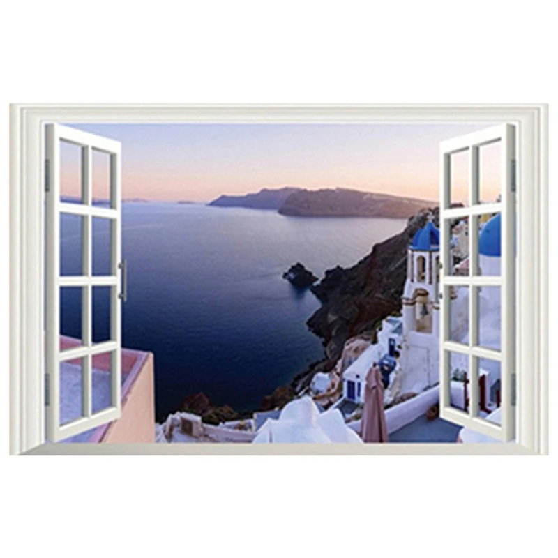 Sunrise Sea View Mural for Home Decorations 3D Room Window Daybreak Seaside City Castle Landscape Vinyl Wall Art Poster Stickers