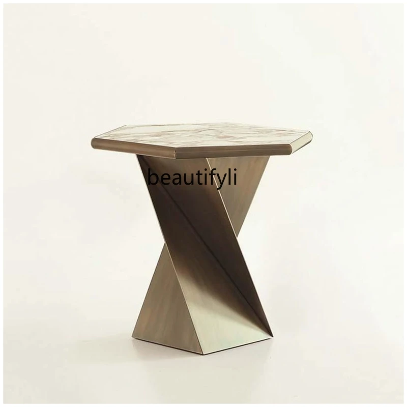 

Italian light luxury hexagonal marble edge few stainless steel negotiation table minimalist leather edge table