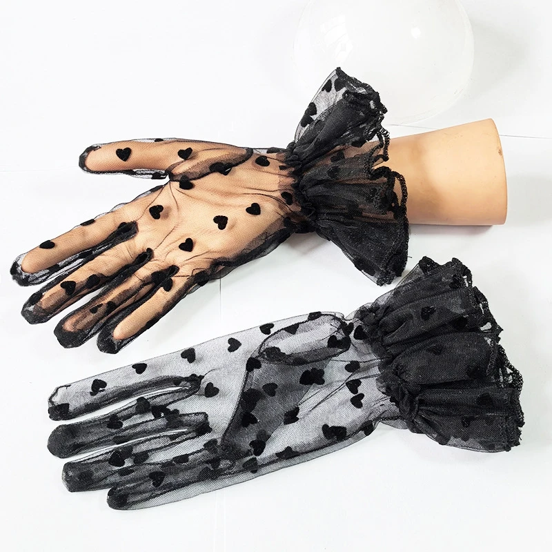 Sexy Black Mesh Short Gloves Bridal Sheer Lace Ruffled Decoration Gloves Wedding Party Photo Props