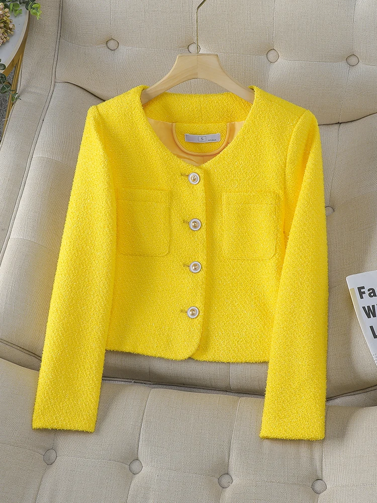 Black Yellow Ladies Short Casual Blazer Women Female Long Sleeve O-Neck Jacket Coat For Autumn Winter