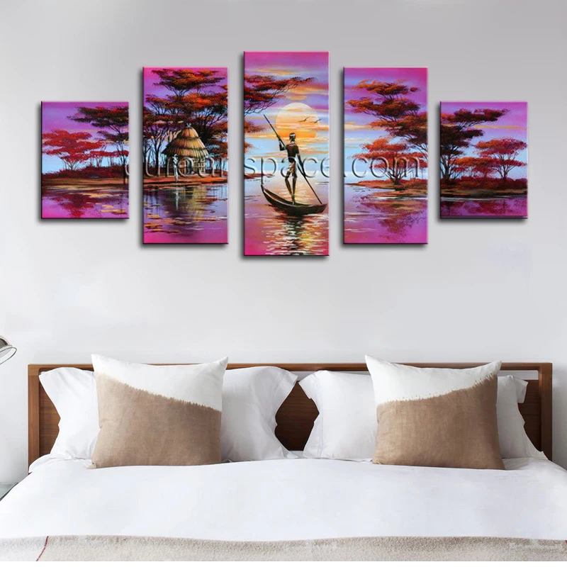 Modern Group Sunset Boat Art Oil Painting Purple Landscape Picture 5 Panel High Quality Handpainted Abstract Canvas Art