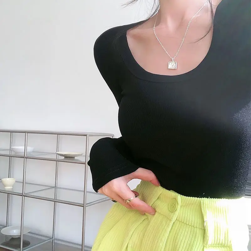 بلوفر نسائي برقبة مستديرة ، كم طويل ، أحادي اللون ، تي شيرت غير رسمي ، قمم مريحة ، ملابس تناسب جميع الملابس ، كوري ، ربيع ، خريف