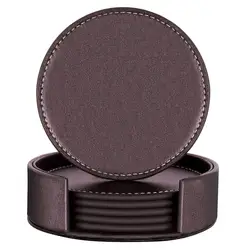 Set of 6 Coasters for Drinks, Leather Coasters with Holder,Protect Furniture from Damage 4 Inch