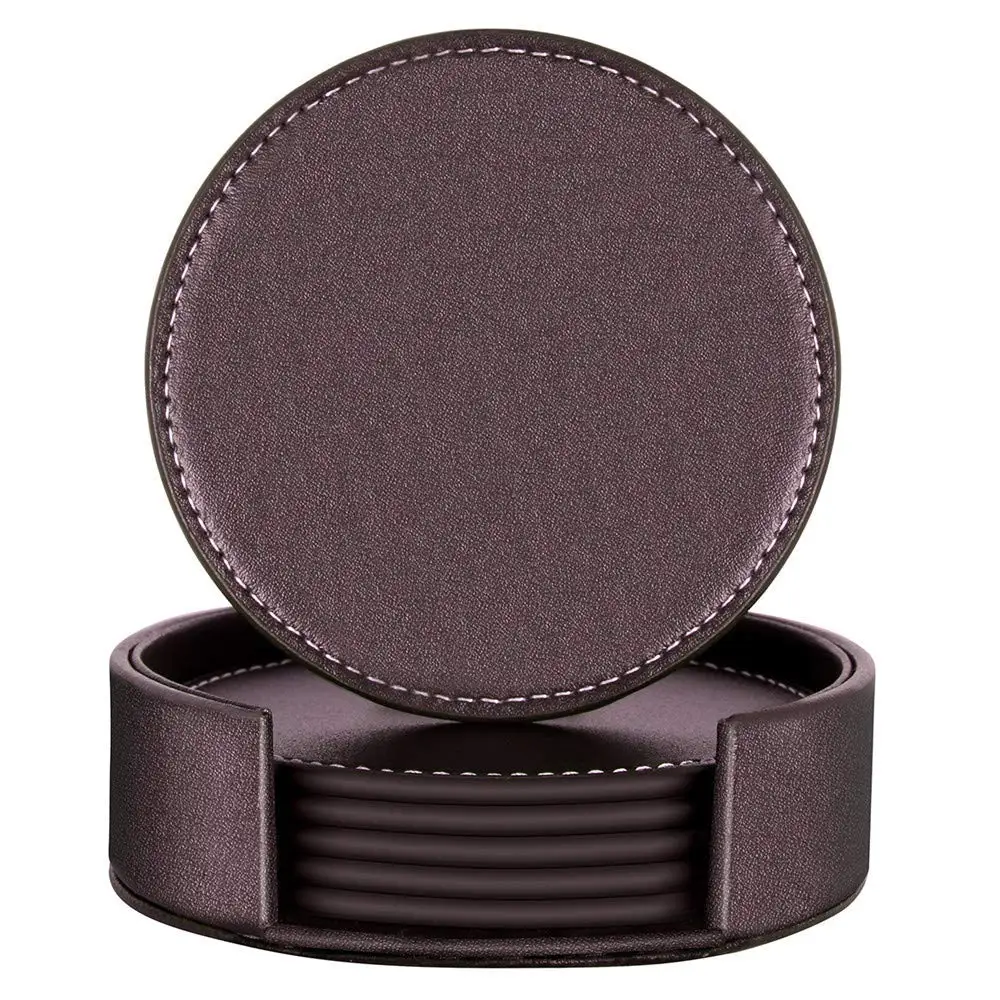Set of 6 Coasters for Drinks, Leather Coasters with Holder,Protect Furniture from Damage 4 Inch