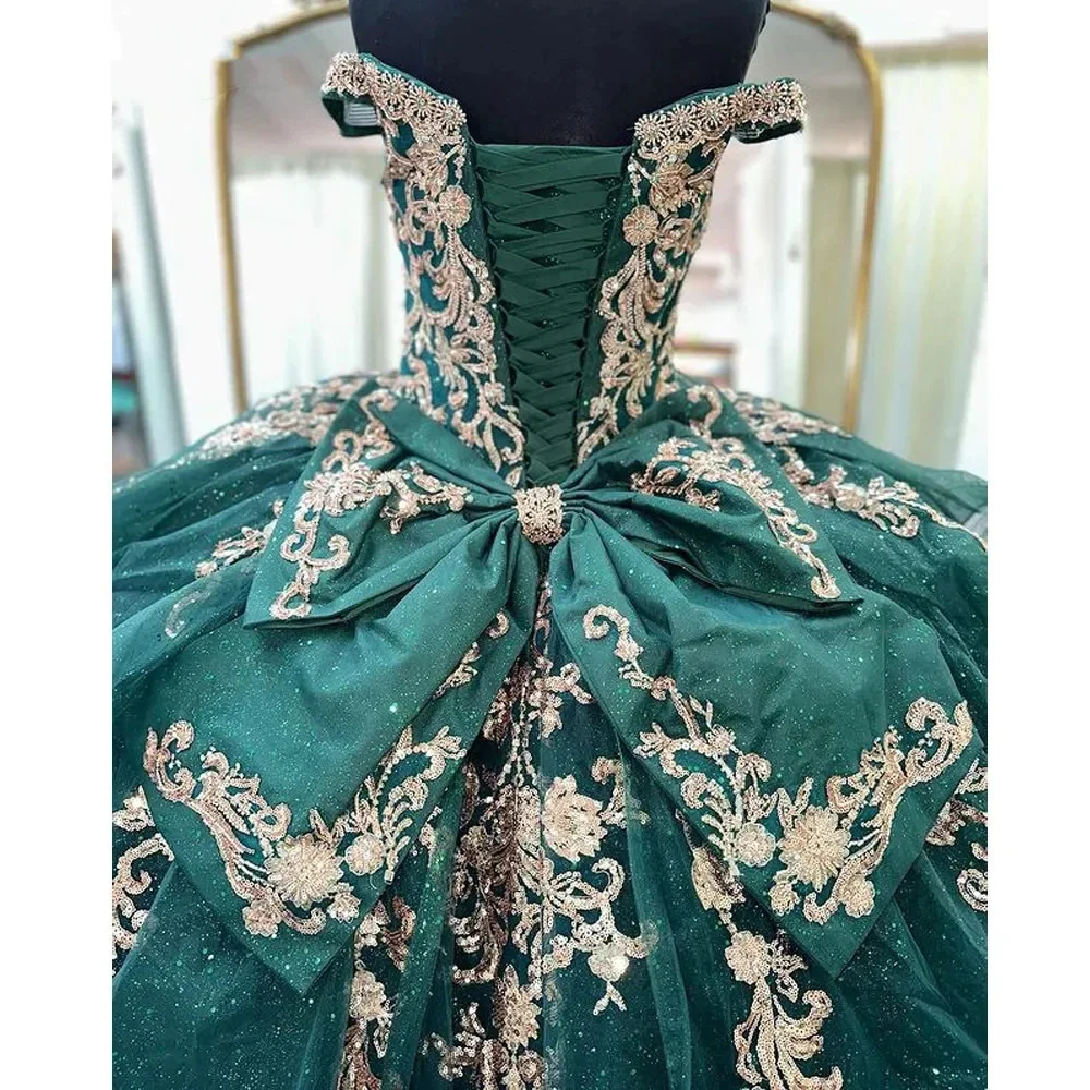 Robe Quinceanera à imprimé floral vert noirâtre, appliques dorées, nœud à manches courtes, robe éducative, fête personnalisée, quoi que ce soit, 15 ans