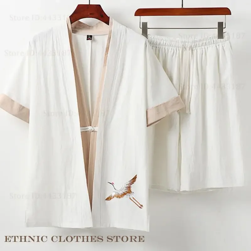 

Большой размер 9XL, японский костюм самурая Харадзюку, мужское кимоно, кардиган, брюки, комплект из хлопка и льна, хаори юката, свободная куртка, одежда для отдыха