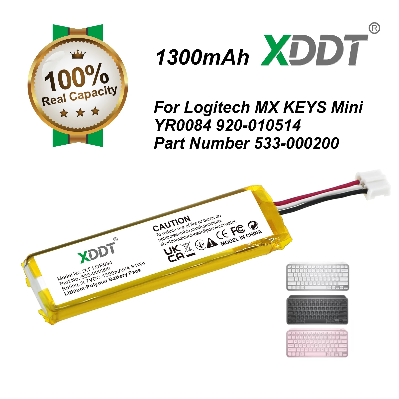 Keyboard Mouse Battery For Logitech:MX KEYS Mini,YR0084,920-010514,533-000200,1300mAh / 4.81Wh--Li-Polymer--3.70V