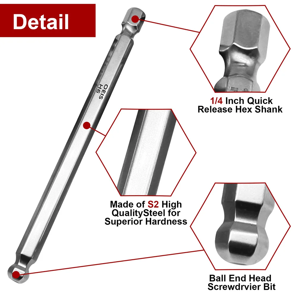 9Pcs Kit 1/4" 50/75/100mm H1.5-H10 Ball Head Hex Magnetic Screwdriver Bit Set S2 Electric Drill Hexagonal Screwdriver Tools