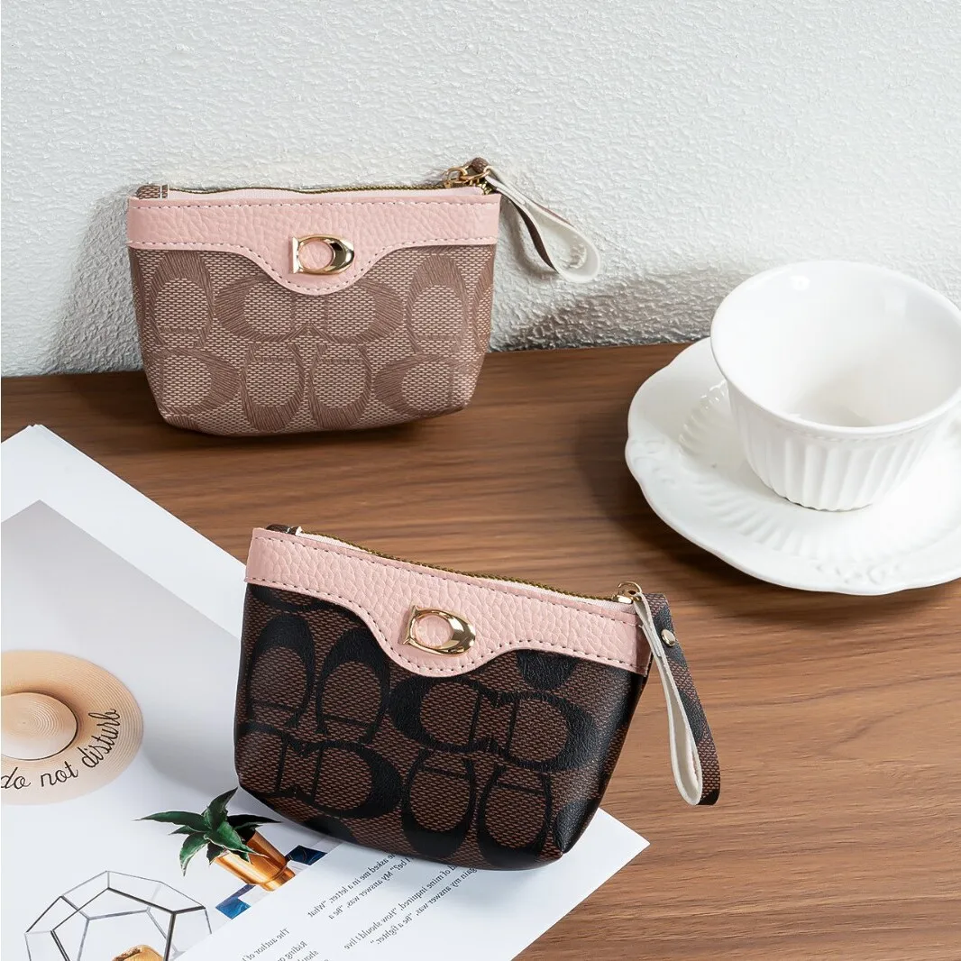 Women's Vintage Monogram Coin Purse Mini Zip Wallet With Contrast Color Trim & Wrist Strap