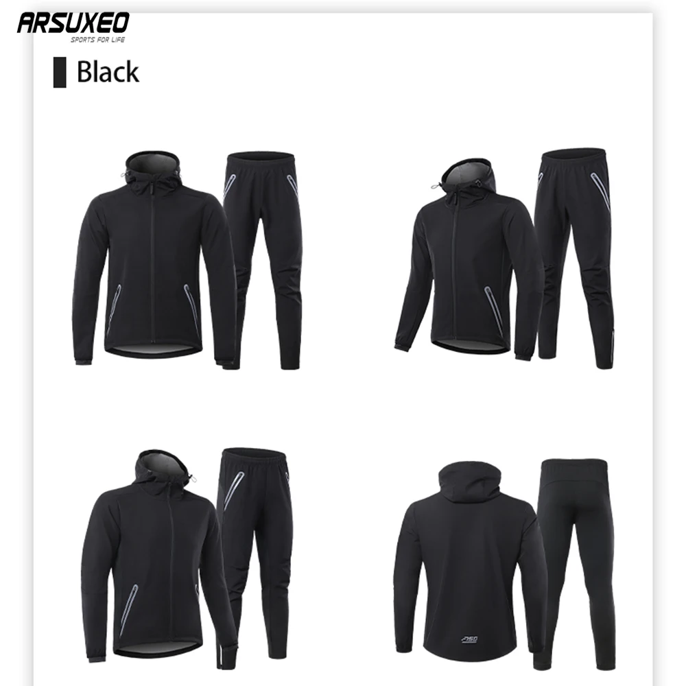 ARSUXEO Cycling Sports Set Winter Thermal Bicycle Jacket Clothes Pants Gym Suit Jumpsuits Windproof MTB Bike Men