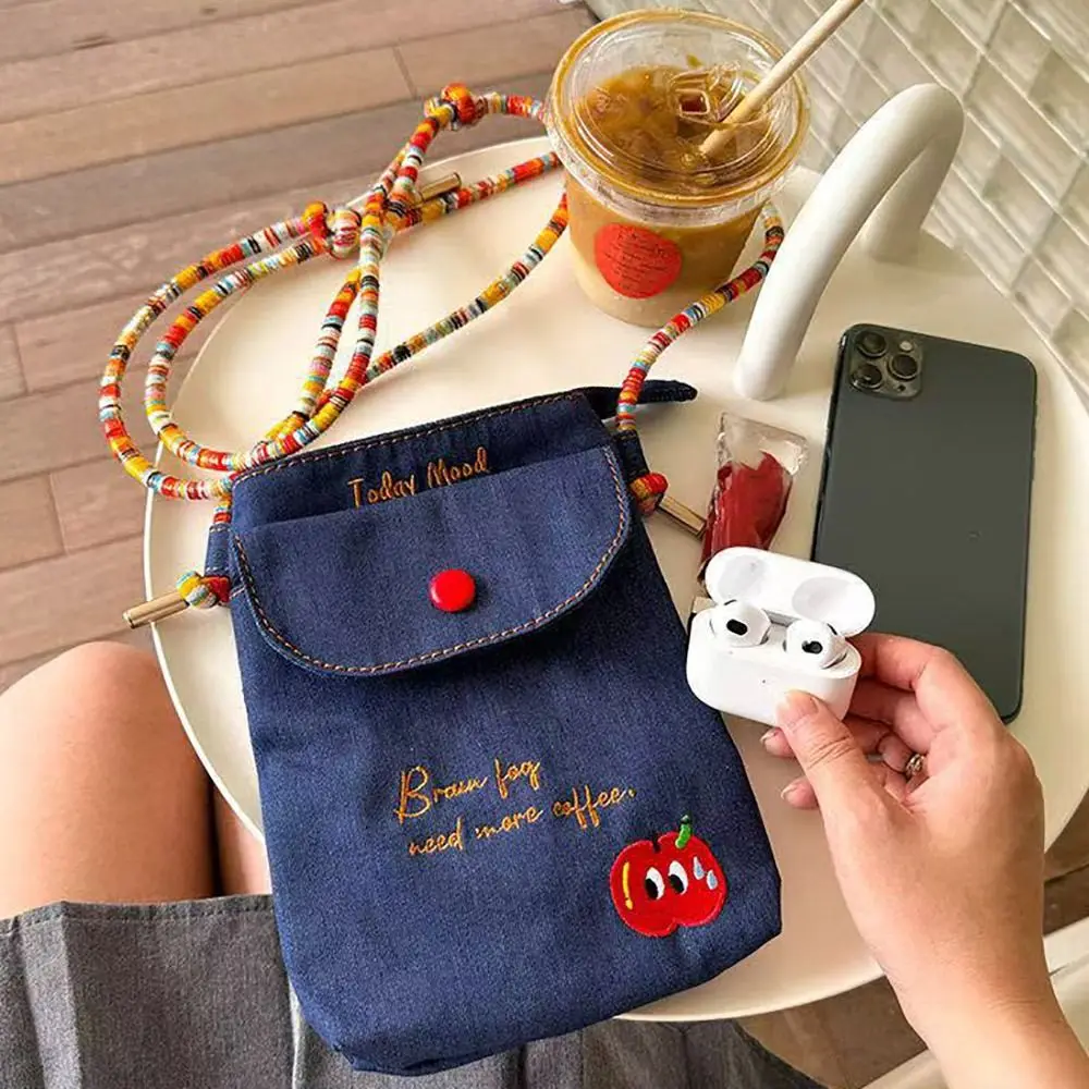 

Повседневная вышитая сумка для мобильного телефона, джинсовая красочная веревка, кошелек для монет, регулируемая легкая сумка для путешествий