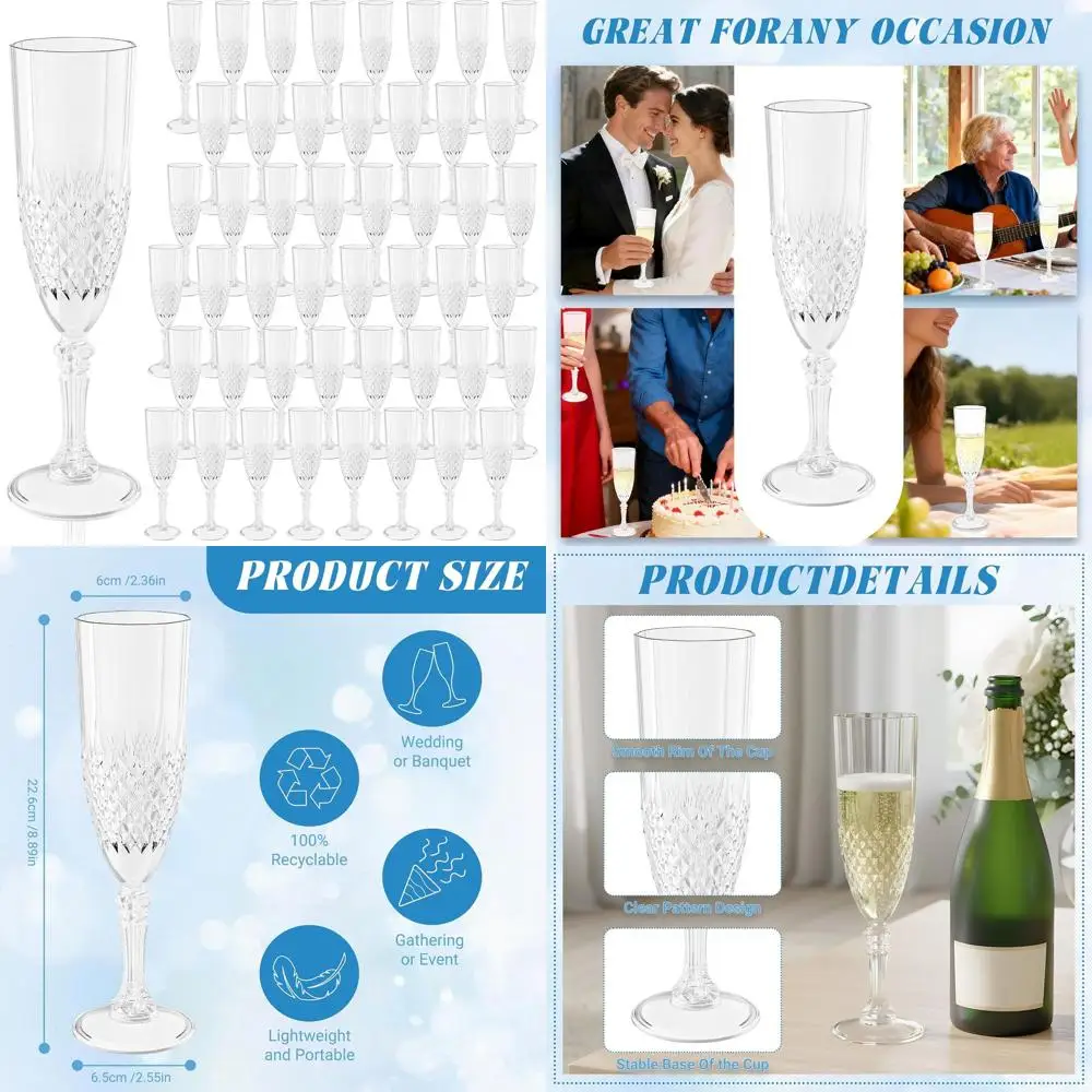 

Bulk Acrylic Champagne Flutes, Reusable Unbreakable Stemless Wine Glasses for Weddings, Valentine's Day, and Parties (48, Clear)