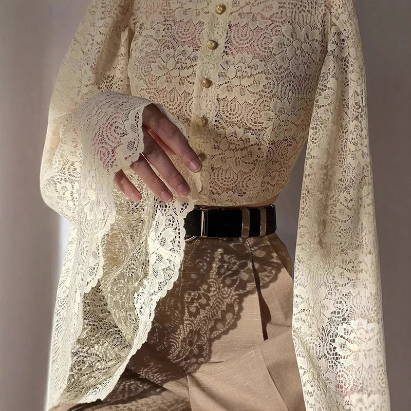 

Tornova Hollow Lace Splice Women's Shirt Flare Sleeve Top O neck Single Breasted Slim Blouses Female Fashion Commute Clothes