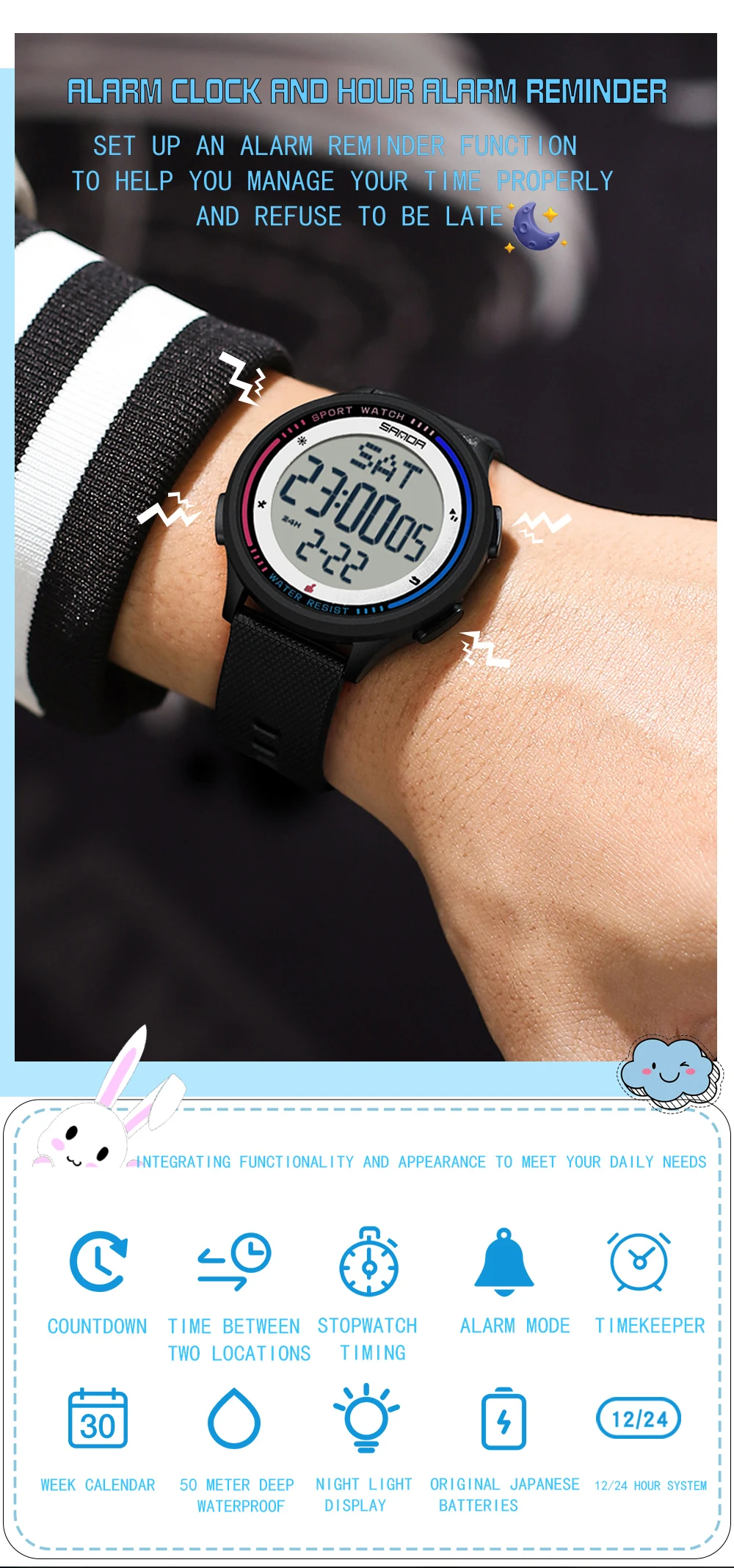 SANDA Herrenuhr, mehrere Funktionen, Outdoor-Sport, Stoppuhr, wasserdicht, digitales Uhrwerk, LED, Herren-Armbanduhr, elektronischer Alarm – Detail 4