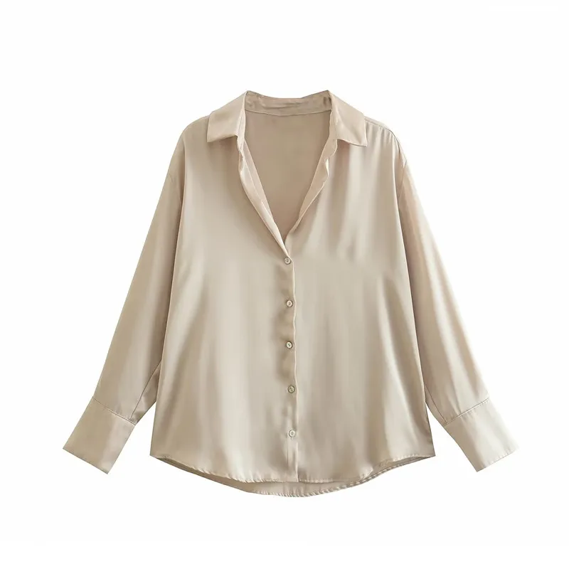 Csa de cetim de seda versátil primavera 2023 moda fena gola  manga crida crimento regular botão detalhe cor ...