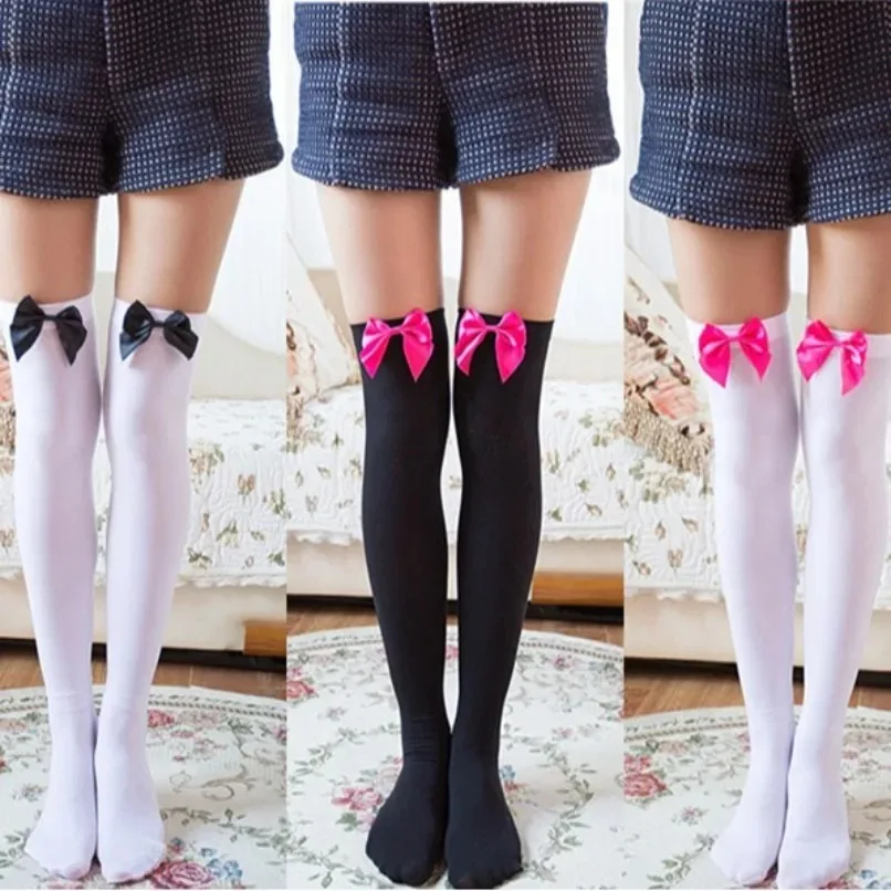 Long Over Above Knee Socks Womens Thigh High Stockings Ladies Girls Black White Pink Bow Knot Cosplay Lolita Harajuku Y2k Kawaii