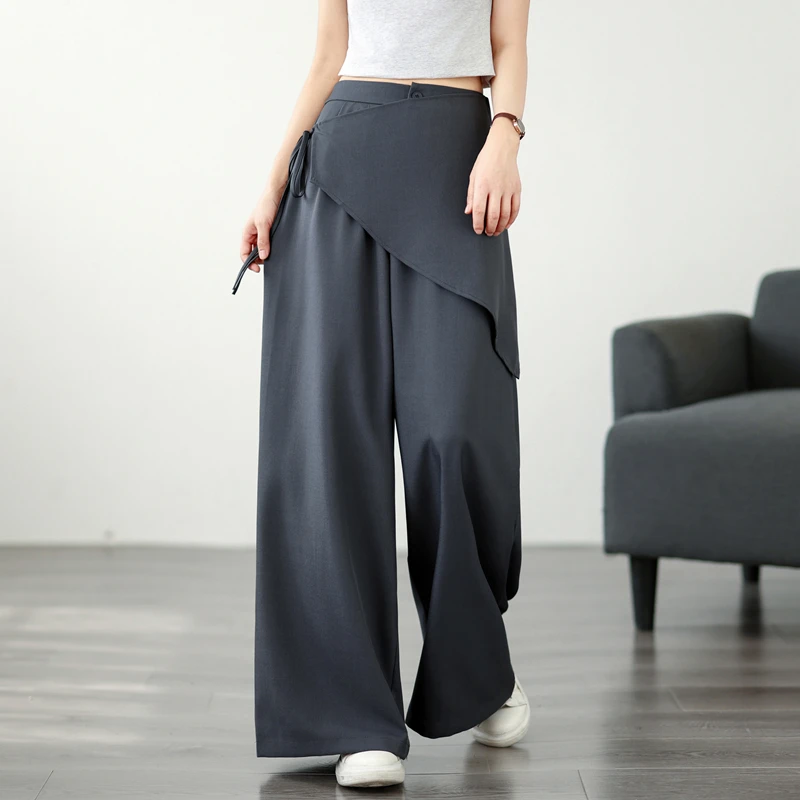 Elegant Uneven Korean Style Women's Suit Pants Loose Slimming High Waist Wide Leg Trousers Polyester Fiber Online Exclusive