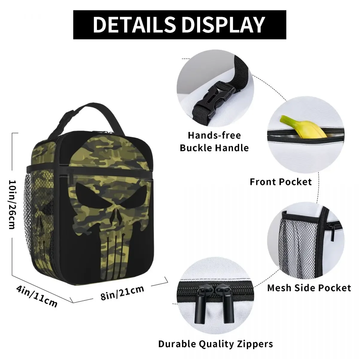 Custom Punisher Skull Camouflage Portable Lunch Boxes Multifunction Thermal Cooler Food Insulated Lunch Bag Office Work