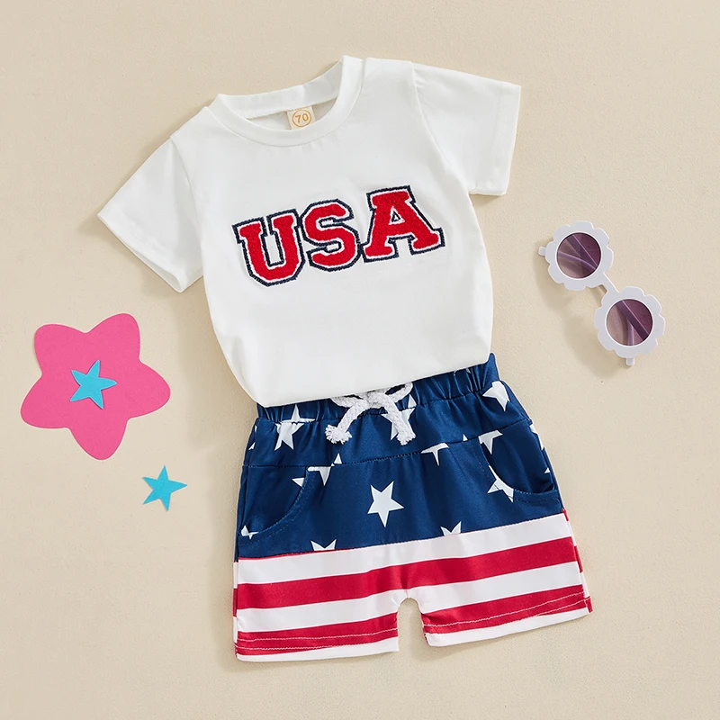 Toddler Boys 4th of July Shorts Sets Short Sleeve Letter Embroidery Tops Star Stripe Print Shorts Sets