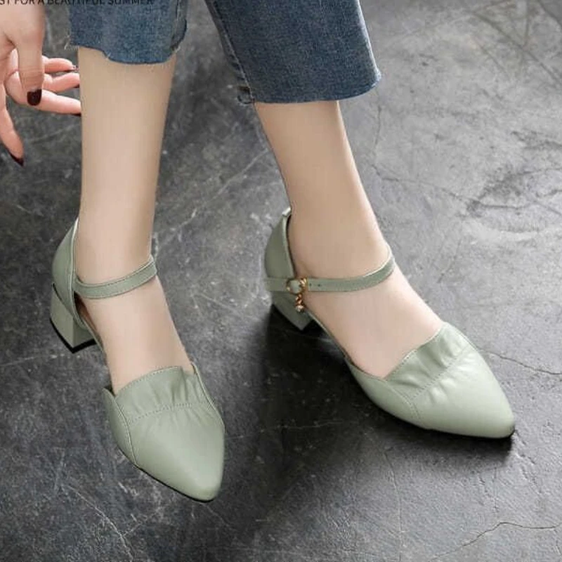 Chunky Heel Women's Shoes Comfortable Fashion Ruffle Single Shoes Korean Style Buckle Solid Colour Work Sandals Zapatos De Mujer