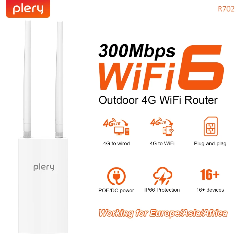 PLERY 4G CAT4 WiFi6 Router For Outdoor IP Camera/CPE 300Mbps Global LTE POE/DC Power 2*5dBi Dual Antenna Support 16 Devices IP66