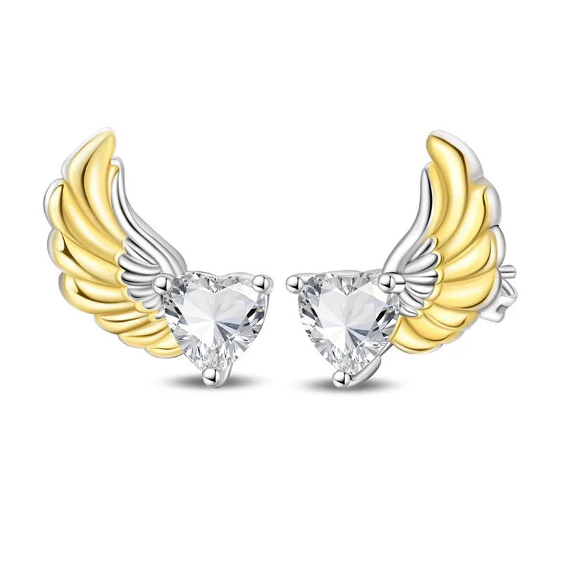 

New 925 Sterling Silver Golden Heart-Shaped Wings Women Earrings Brilliant Wedding Engagement Star Earrings Jewelry Gift