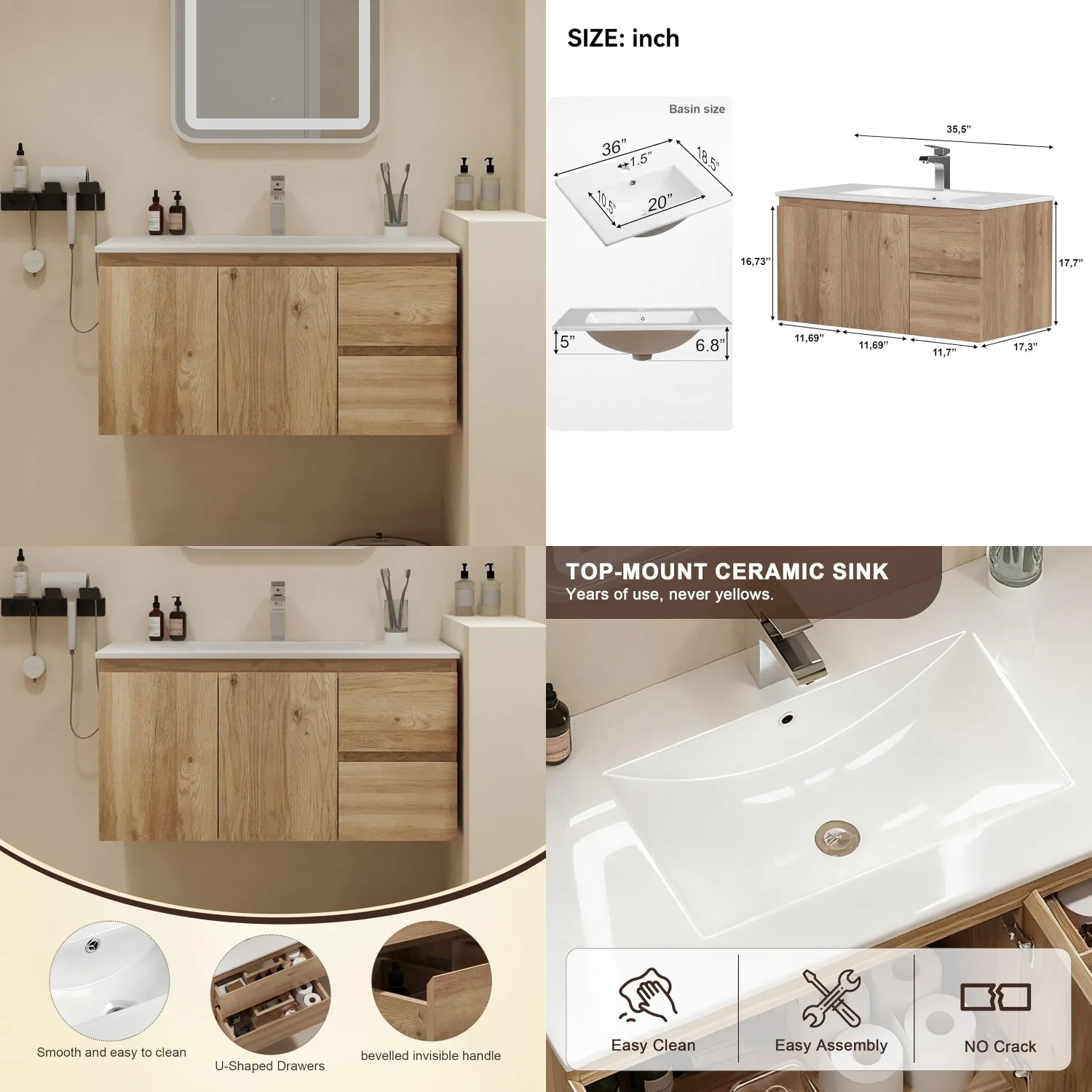

Wall Mounted Bathroom Vanity Sink Cabinet 2 Drawers Doors Moisture MDF Large Storage Small Space 36 Customized
