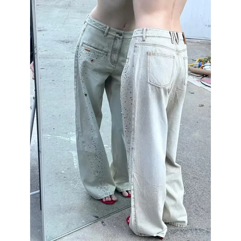 

Women American Retro Heavy Industry Diamond Y2k Jeans Female High Waist Vintage Loose Denim Pants Streetwear Casual Trousers