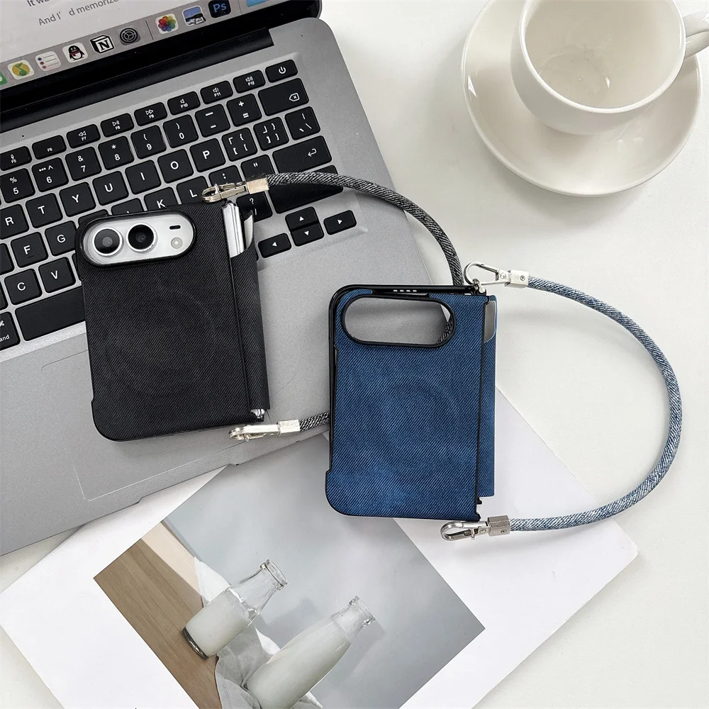 New Korea Ins Cartoon denim Magnetic Phone Case For iPhone Duo Foldable Protective Cover Cute Cases Shockproof with Chain
