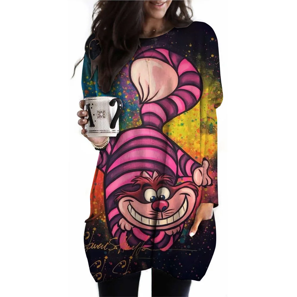 Damen Tasche T-Shirt Disney Prinzessin Mode lose Langarm Cheshire Katze gedruckt Rundhals-Tasche T-Shirt Top Damen Spor