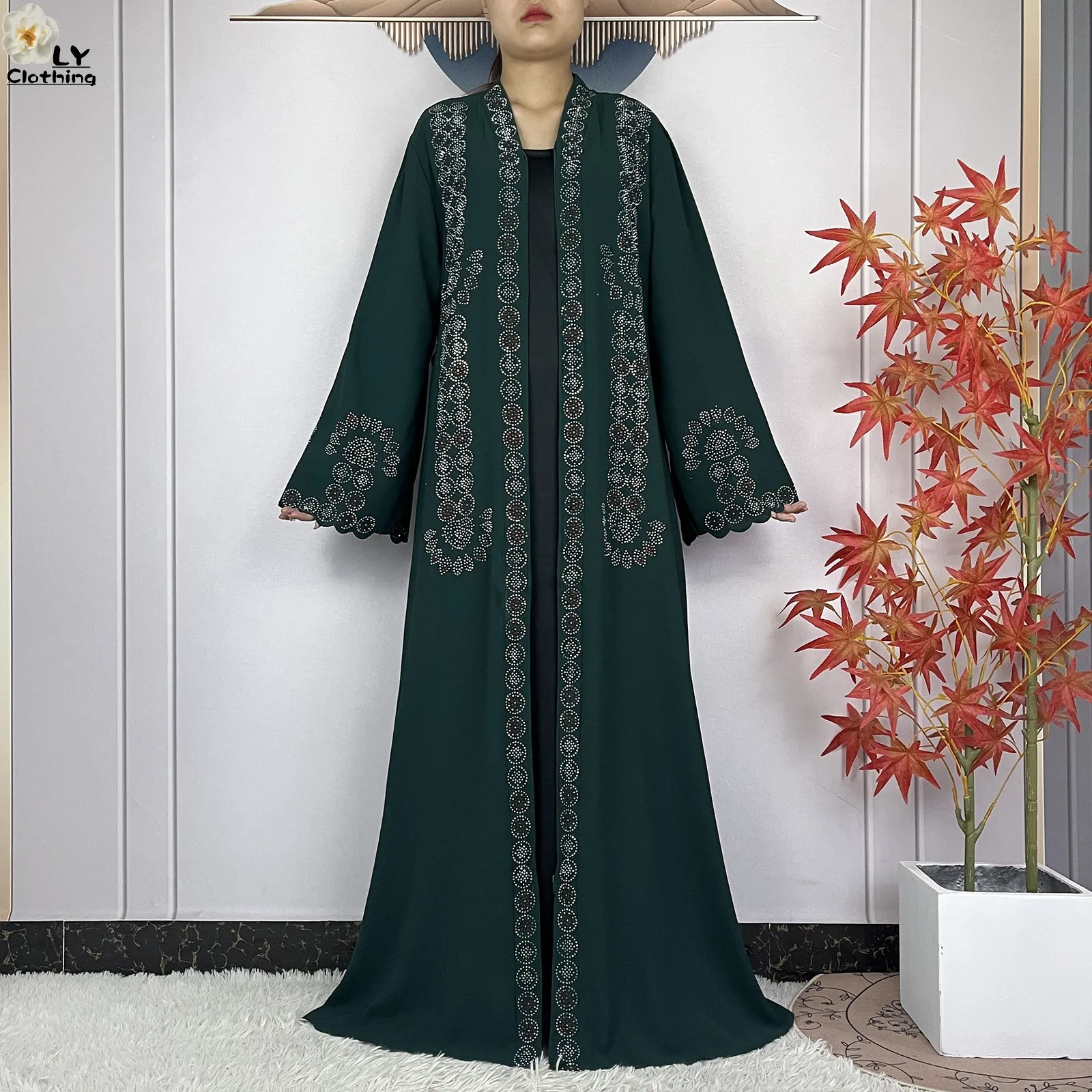 2024New Muslim Women Ramadan Tranditional Long Sleeve Dress Dubai Women Elegant Dress Chiffon Open Abaya African Islamic Clothes