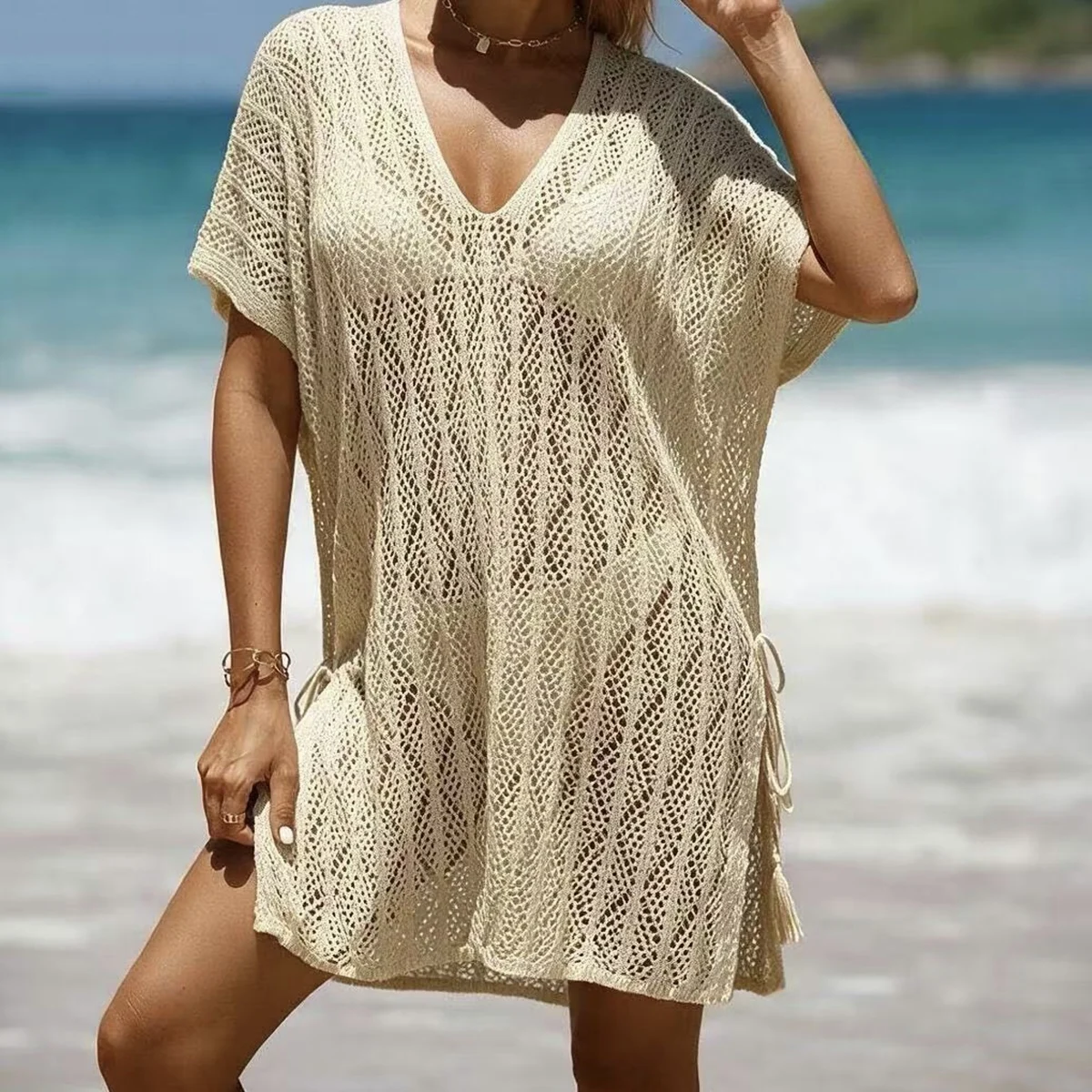 Solid Color V-Neck Side Drawstring Knitted Bikini Cover-Up, Loose-Fit Fashion Hollow Out Beach Top, Ideal for Relaxed Days