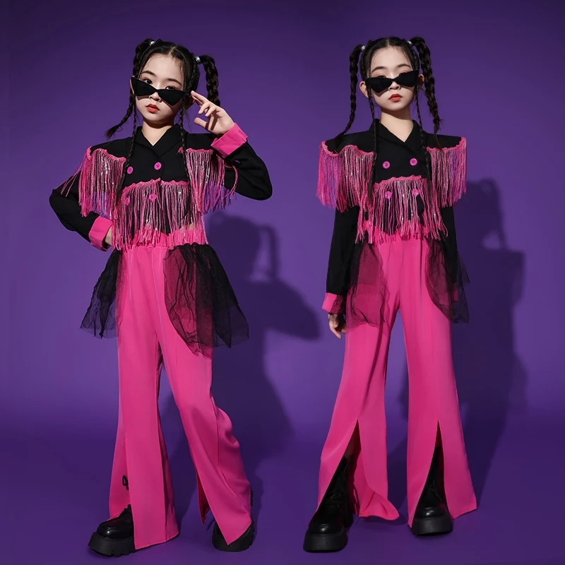 Children Jazz Dance Costumes For Girls Tassel Suit Rose Red Hiphop Street Dance Wear Kids Ballroom Hip Hop Dance Wear DQS16810