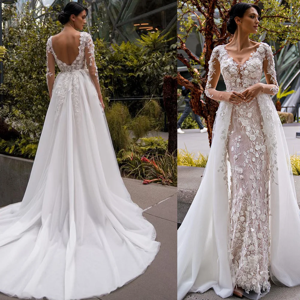 

Stylish Wedding Dresses 3D-Floral Appliques Mermaid Bridal Gowns Overskirts Lace Customized Illusion Princess Sweep Train