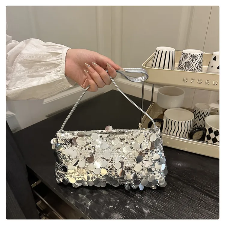 Neue Pailletten-Abendtasche, Schultertasche für Damen, leicht, tragbar, Damen-Umhängetasche mit Riemen, einfarbig, modische Handtasche für Frauen. – Detail 11