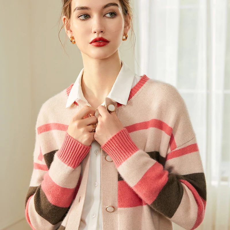 

Women's Cardigan Autumn/Winter 100% Pure Cashmere Sweater Casual Striped Knitted Sweater Round Neck Loose Tops Versatile Blouse