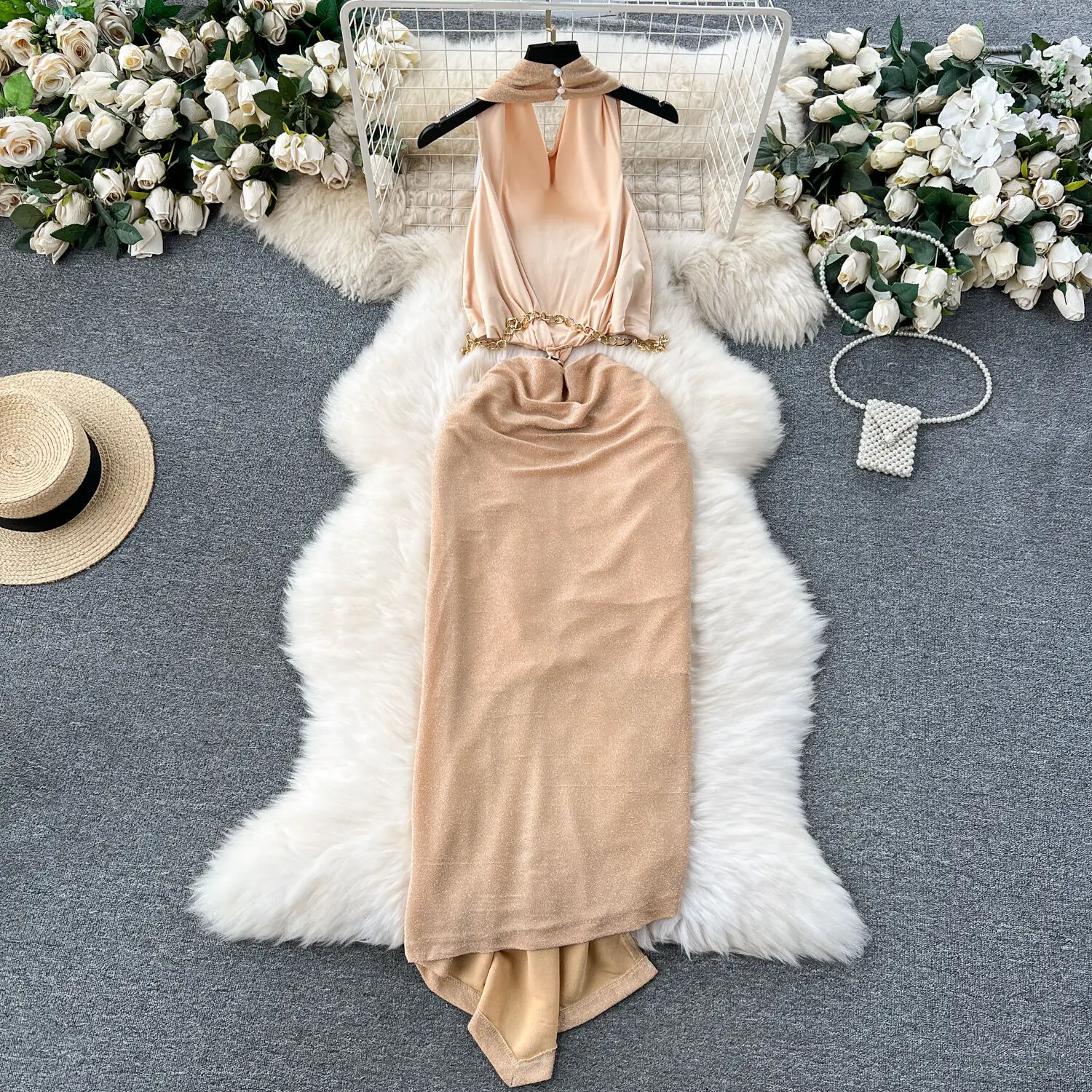 Imagem -04 - Foamlina-vestido Feminino com Pescoço Pendurado Costas Abertas Slim Fit Comprimento Médio Férias na Praia Primavera Verão Novo 2023