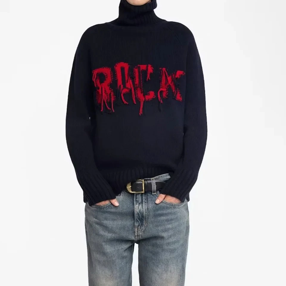 

【Подарок бесплатно】2026 Женский жаккардовый вязаный пуловер с вышивкой букв, зимняя водолазка с длинным рукавом, классический повседневный женский свитер, топ