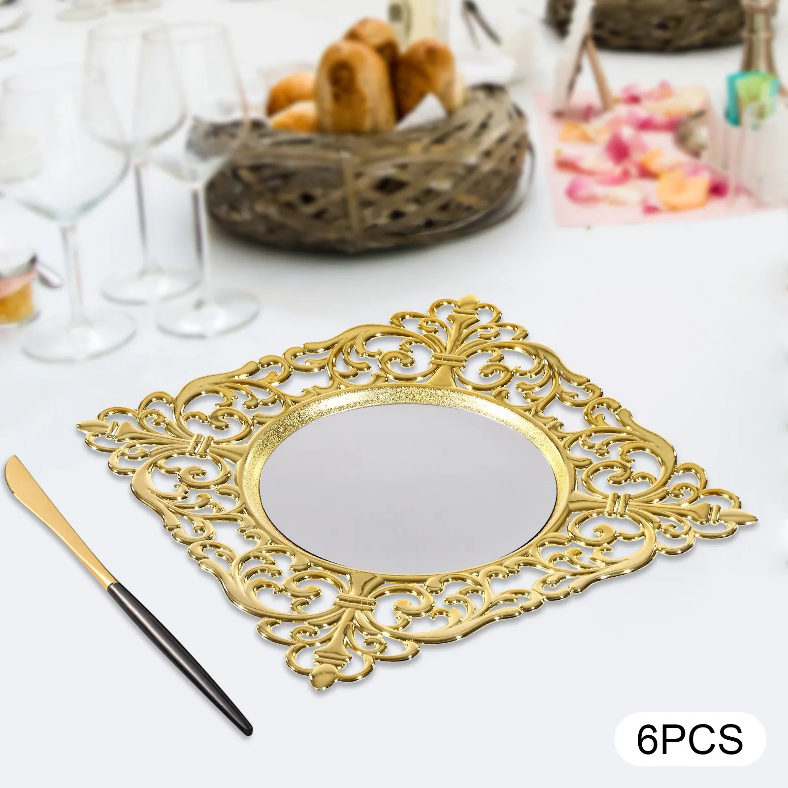 

Набор из 6 обеденных тарелок (12 дюймов) с золотым зеркальным покрытием, элегантный рельефный дизайн для современного сервировки стола