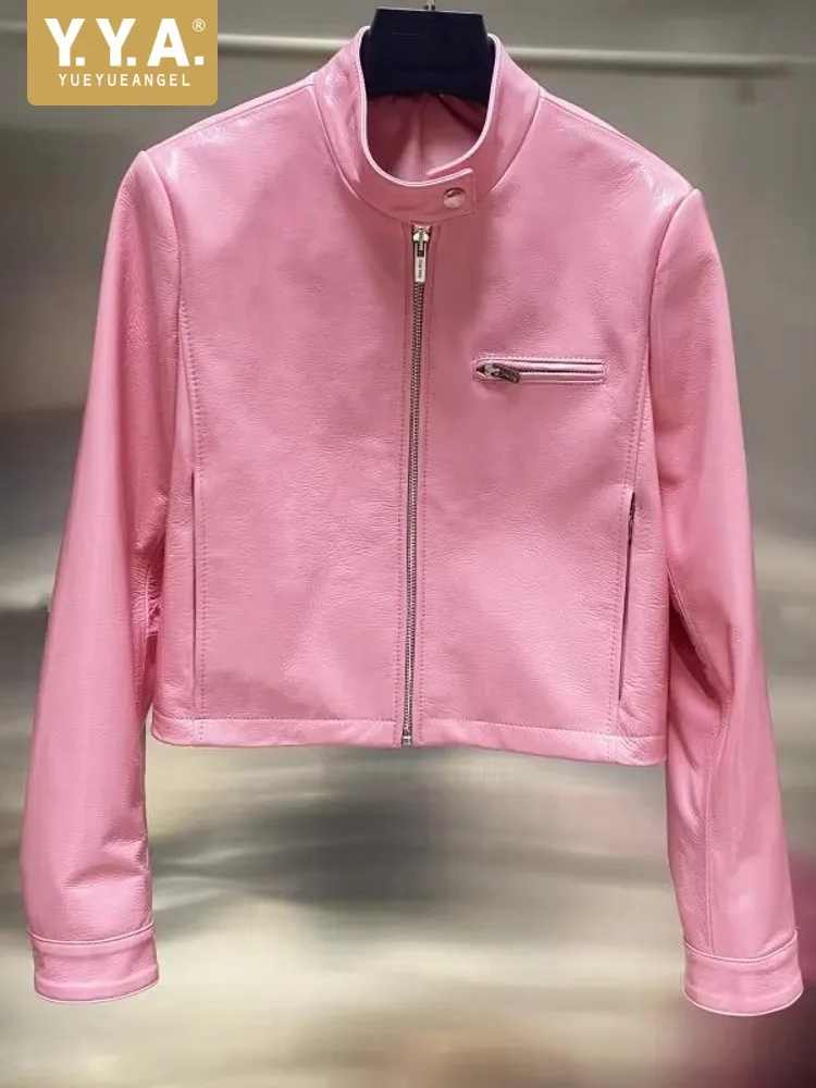 핑크 여성용 광택 양가죽 진짜 가죽 재킷 슬림 핏 지퍼 스탠드 칼라 모터사이클 바이커 방풍 숏 스타일 코트