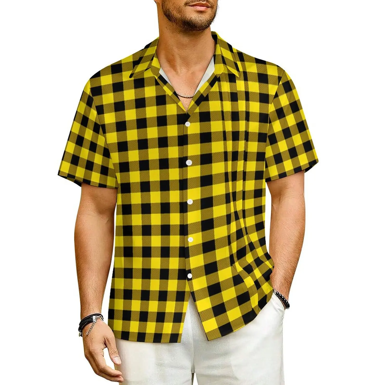 

Buffalo Gingham Vacation Shirt Men Black And Yellow Trendy Casual Shirts Summer Short Sleeve Fashion Graphic Oversized Blouses